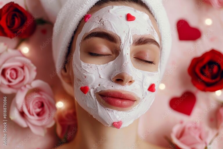 Romantic Valentine's Day Skincare: Woman with Heart-Themed Facial Mask and Roses for Festive Beauty Routine